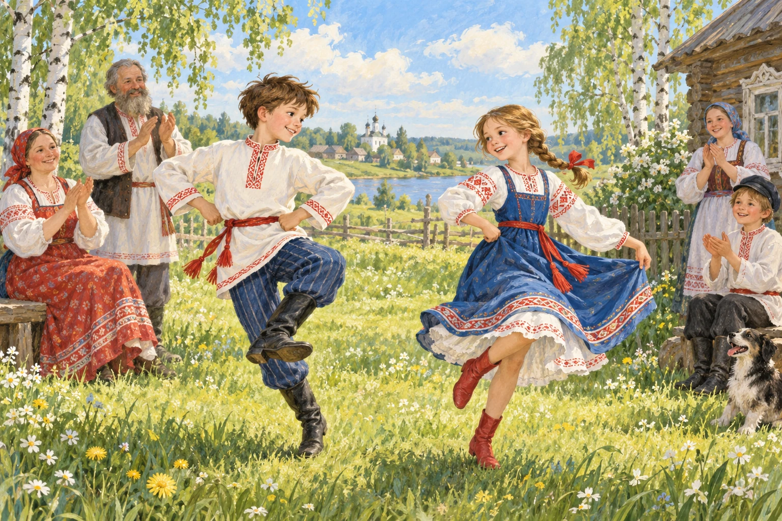 Дети танцуют на деревенском празднике.